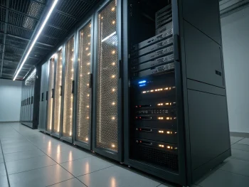 Cinemática fotografía de un rack de servidores moderno y brillante con luces LED azules, discos SSD visibles y rejillas para el flujo de aire, en un centro de datos minimalista, resaltando los detalles metálicos y la eficiencia tecnológica. Imagen sin personas. {{brizy_dc_image_alt entityId=