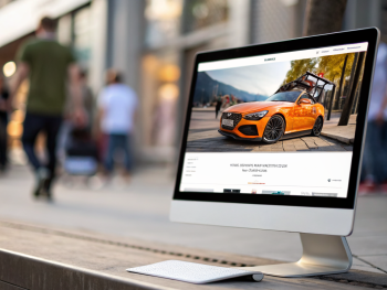 Optimizar imágenes web y productos en ecommerce: compresión sin perder calidad, lazy loading, WebP y Core Web Vitals para mejorar velocidad de carga y posicionamiento SEO tienda online 2026 Imagen cinematográfica de alta resolución de un producto destacado en el centro de una página web de ecommerce moderna, con colores vivos y detalles nítidos, acompañada de elementos de interfaz de compra desenfocados al fondo. El entorno es minimalista y tecnológico, simbolizando la optimización de imágenes web.
