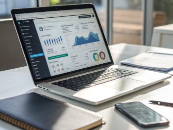 Portátil moderno sobre un escritorio minimalista con la pantalla mostrando el panel de WordPress y plugins de SEO activos, acompañado de blocs de notas y un smartphone, en una oficina profesional. No hay personas visibles, solo elementos que representan la optimización SEO.