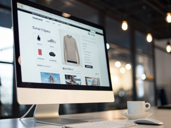 Pantalla de ordenador con la interfaz organizada de una tienda WooCommerce, mostrando menús claros, imágenes de productos y botones destacados, dentro de un escritorio moderno y suavemente iluminado con el fondo desenfocado.