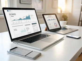como-elegir-el-mejor-tema-responsive-wordpress-para-seo-y-experiencia-de-usuario-temas-wordpress-que-cargan-rapido-optimizan-velocidad-y-mejoran-posicionamiento-seo Primer plano de un escritorio minimalista con un portátil, una tableta y un teléfono mostrando un sitio web responsivo, cada uno adaptado a sus pantallas. Los dispositivos destacan menús claros y tipografía legible, y uno exhibe un ícono de gráfico ascendente representando mejora en SEO. Sin personas ni detalles personales, el enfoque está en la tecnología y el diseño web.