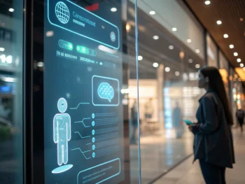Cómo implementar chatbots IA para aumentar ventas y retención de clientes en tiendas en línea: mejores prácticas para optimizar la experiencia y soporte al cliente Interfaz de chatbot futurista y brillante en el centro de una pantalla digital, enfocada con burbujas de chat iluminadas e iconos claros, fondo desenfocado que sugiere una tienda en línea, y un pequeño símbolo de inteligencia artificial visible en la interfaz. Escena limpia y sin personas.