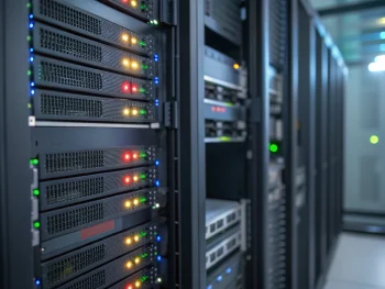 Rack de servidores moderno con luces LED encendidas y cables ordenados en primer plano, acompañado de una interfaz digital desenfocada al fondo que muestra analíticas de rendimiento, iluminado con colores vivos y luz ambiental. {{brizy_dc_image_alt entityId=