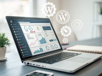 Laptop moderna en primer plano mostrando el panel de control de WordPress, rodeada de íconos flotantes de optimización, con un fondo de escritorio tecnológico y luz suave, transmitiendo eficiencia y velocidad. {{brizy_dc_image_alt entityId=
