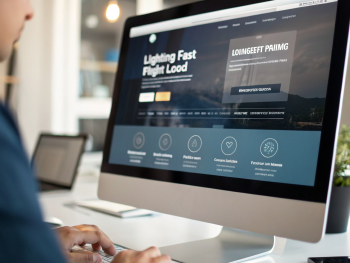 Primer plano de un monitor mostrando la página de inicio de un sitio web moderno y optimizado, con indicadores de carga rápida, pocos iconos de plugins y archivos de imagen livianos flotando sobre una interfaz limpia, ambientado en una oficina desenfocada.