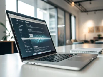 Cómo optimizar el rendimiento web y reducir el tiempo de carga en tu tienda de ecommerce: estrategias clave para aumentar conversiones y mejorar la experiencia de usuario Laptop moderna sobre un escritorio minimalista mostrando una página web que carga instantáneamente, con efectos visuales de velocidad y líneas de datos alrededor de la pantalla, fondo tecnológico desenfocado y luz ambiental que destaca los bordes del portátil.