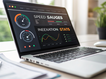 Primer plano de una pantalla de computadora que muestra un panel de control SEO en tiempo real con velocímetros, estadísticas de indexación y alertas en colores brillantes, en un escritorio moderno y luminoso sin personas.