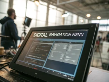 como-mejorar-la-arquitectura-de-informacion-y-optimizar-los-menus-en-tiendas-online-para-aumentar-conversiones-y-facilitar-la-navegacion-del-usuario Primer plano de la pantalla de una computadora o tableta mostrando un menú de navegación digital bien organizado, con categorías de productos y menús desplegables claramente visibles en un espacio de trabajo moderno y suavemente iluminado. El fondo está borroso y se perciben leves interacciones de unas manos genéricas.