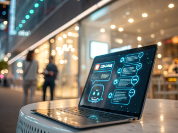 Interfaz de chatbot futurista y brillante en la pantalla de un dispositivo digital, con burbujas de mensaje luminosas y símbolos tecnológicos, mientras el fondo desenfocado sugiere una tienda online; se aprecia un sutil gráfico de carga, mostrando asistencia digital avanzada.