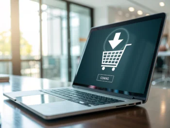como-crear-una-tienda-virtual-de-productos-digitales-con-woocommerce-mejores-practicas-seo-para-ecommerce Primer plano extremo del icono de descarga digital en la pantalla de un portátil moderno, con fondo desenfocado de escritorio minimalista y teclas brillantes, representando la venta de productos digitales online.