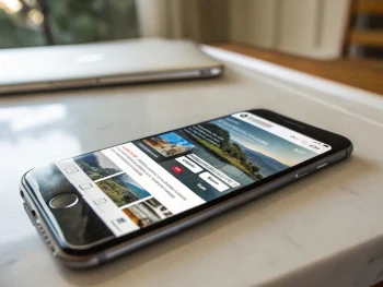 Teléfono inteligente moderno sobre superficie minimalista mostrando un sitio web responsivo con navegación clara y botones accesibles; fondo desenfocado y luz natural resaltando la pantalla. {{brizy_dc_image_alt entityId=