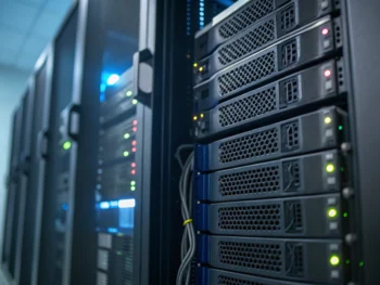 como-optimizar-woocommerce-estrategias-y-plugins-para-mejorar-la-velocidad-de-tu-tienda-online-aumentar-conversiones-y-potenciar-el-seo Rack de servidor web con SSD de alto rendimiento iluminado por LED azules, reflejos metálicos y detalles técnicos, fondo desenfocado con código binario y cables de red, ambiente tecnológico y fiable sin presencia de personas.