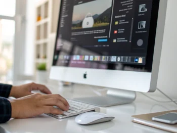 Fotografía digital en alta resolución siendo comprimida en la pantalla de un computador, con barras de progreso y efectos visuales mostrando la optimización del archivo en tiempo real. El entorno es un escritorio minimalista, iluminado por una luz suave, con una mano genérica usando el ratón como símbolo de interacción.