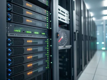 Primer plano de un rack de servidores con luces LED brillantes en un centro de datos moderno, reflejo de velocímetro en el metal sugiriendo velocidad y optimización, sin personas ni elementos desordenados.