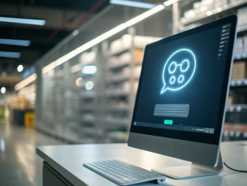 Monitor elegante mostrando una interfaz realista de chatbot AI con una burbuja de chat luminosa en el centro, ubicado en un espacio de trabajo de ecommerce moderno y desenfocado, con iluminación atmosférica y composición limpia. {{brizy_dc_image_alt entityId=