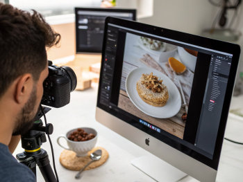 Primer plano de una pantalla digital con una fotografía de producto nítida en proceso de optimización, rodeada de herramientas digitales de compresión, sobre un escritorio moderno y minimalista iluminado suavemente, sin personas visibles.