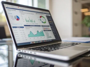 estrategias-de-marketing-de-contenidos-y-seo-tecnico-para-mejorar-el-posicionamiento-web-y-aumentar-el-trafico-organico-en-empresas-de-comercio-electronico Primerísimo primer plano de un portátil moderno con la pantalla mostrando un panel de control de ecommerce rico en gráficos y análisis SEO, en un entorno digital desenfocado, iluminado por una luz suave.