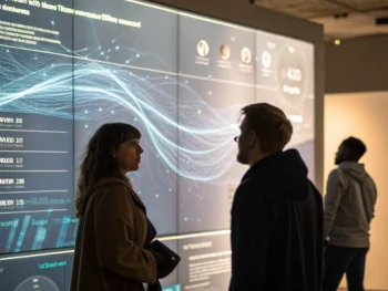 Visualización cinematográfica de un algoritmo de recomendaciones inteligentes como una interfaz digital luminosa al centro, mostrando sugerencias personalizadas de productos. El fondo tiene patrones abstractos representando flujos de datos y perfiles de usuario, con iluminación de ambiente que resalta la superficie translúcida y los datos en movimiento. El diseño es limpio, moderno y sin figuras humanas. {{brizy_dc_image_alt entityId=