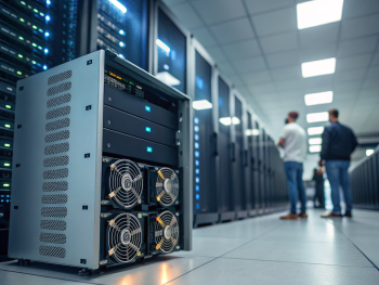 Servidor de alto rendimiento con discos SSD y ventiladores iluminados en el centro de un centro de datos moderno, enfocado en primer plano y rodeado de bastidores desenfocados, destacando eficiencia y tecnología avanzada.