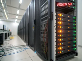 como-mejorar-la-carga-y-rendimiento-woocommerce-tecnicas-avanzadas-plugins-de-cache-y-su-impacto-en-la-tasa-de-conversion-y-abandono-del-carrito-en-tiendas-online Rack de servidores metálico con luces LED encendidas en un centro de datos moderno y minimalista; paneles ventilados y detalles nítidos en el primer plano; cables y sistemas de refrigeración desenfocados en el fondo; barra de progreso estilizada en una esquina simbolizando velocidad de carga web.