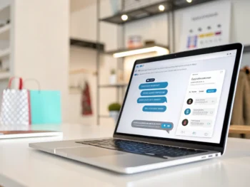 Herramientas de inteligencia artificial para tiendas online: Estrategias de personalización y mejores prácticas de UX para aumentar ventas en ecommerce Interfaz avanzada de chatbot de inteligencia artificial en la pantalla de un portátil, resaltando burbujas de chat luminosas en un entorno de oficina minimalista y moderno, con el fondo borroso y detalles sutiles de tienda online.