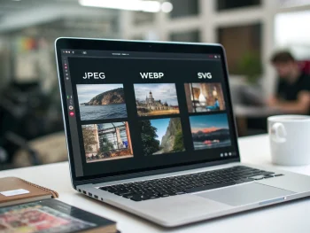 Pantalla de ordenador elegante en un escritorio minimalista mostrando imágenes digitales optimizadas en formatos JPEG, WebP y SVG, cada una con información de tamaño de archivo visible debajo. El primer plano es nítido y colorido, el fondo borroso y no hay personas en la escena. {{brizy_dc_image_alt entityId=