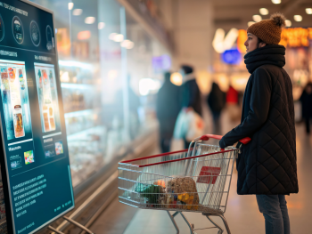 Interfaz digital de recomendaciones personalizadas impulsadas por inteligencia artificial en primer plano, con elementos brillantes y futuristas. De fondo se observa, desenfocado, un entorno virtual de compras en línea con carritos y productos, transmitiendo un ambiente innovador y tecnológico.