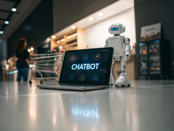 Interfaz chatbot futurista y brillante centrada en la pantalla de un dispositivo digital, con un fondo desenfocado de tienda en línea mostrando iconos suaves de carritos de compras y productos. El chatbot destaca por detalles como burbujas de mensajes y superficies luminosas, transmitiendo una interacción inteligente y útil.
