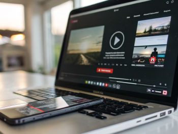 Guía completa de video marketing para tiendas virtuales: estrategias y mejores prácticas para fidelización de clientes y retención en ecommerce Interfaz de reproductor de video HD ocupando el centro de la pantalla en un dispositivo digital moderno, con manos genéricas a punto de presionar el botón de reproducir. El fondo muestra desenfocadas miniaturas de productos y gráficos de un tablero de ecommerce minimalista.