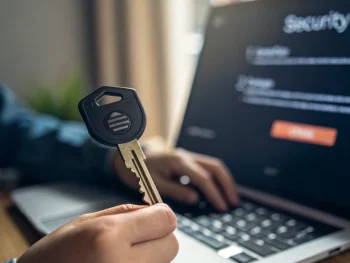 Primer plano de una mano sosteniendo una llave USB de seguridad sobre un fondo desenfocado donde se distingue una pantalla de inicio de sesión, con colores vivos y sombras marcadas, simbolizando protección y acceso digital. {{brizy_dc_image_alt entityId=