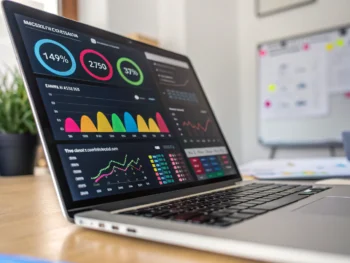 Cómo optimizar tu sitio WordPress para Core Web Vitals: velocidad, experiencia de usuario y mejores plugins SEO Pantalla de laptop moderna con gráficos de desempeño y métricas web coloridas, destacando velocidad de carga, en un escritorio mínimo y desenfocado, con énfasis en detalles digitales y sensación de eficiencia.