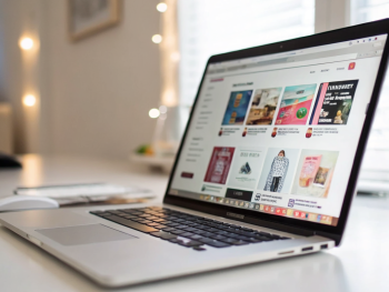 Laptop sobre un escritorio limpio mostrando un sitio web de comercio electrónico con productos vibrantes y categorías organizadas. La pantalla tiene detalles nítidos y el teclado aparece ligeramente borroso en primer plano. Reflejo sutil de una flecha luminosa ascendente en la pantalla simbolizando crecimiento. Entorno minimalista y bien iluminado con posible presencia de personas genéricas y no identificables.