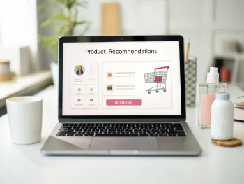 Laptop moderna en un escritorio minimalista, mostrando una interfaz de tienda en línea con recomendaciones de productos, lista de deseos, saludo personalizado y botones intuitivos en colores suaves. La pantalla resalta los detalles interactivos con el fondo desenfocado y se ve claramente el ícono de carrito de compras. No hay personas visibles y el ambiente es acogedor y fácil de usar. {{brizy_dc_image_alt entityId=