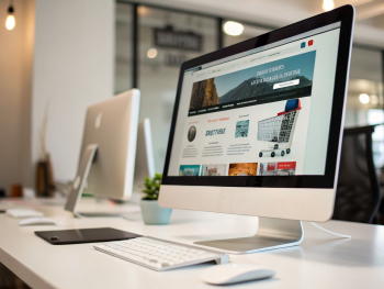 Cómo reducir el tiempo de carga de tu tienda online WordPress para aumentar ventas: Guía para mejorar el rendimiento, optimizar velocidad Woocommerce y acelerar conversiones Primer plano de un monitor de computadora mostrando la página de inicio de un sitio web de comercio electrónico de carga rápida, sobre un escritorio moderno y minimalista, con fondo de oficina desenfocado y sin personas.
