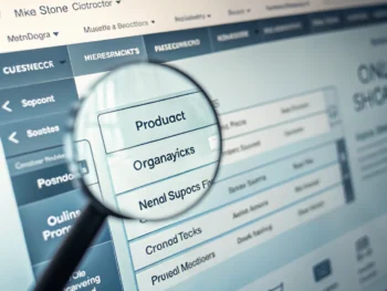 estrategias-de-enlaces-internos-para-tiendas-online-optimiza-la-estructura-web-y-mejora-el-posicionamiento-seo Menú de navegación web estilizado para tienda en línea con categorías y subcategorías organizadas en botones interconectados sobre un fondo digital moderno y difuminado, con una lupa superpuesta sugiriendo exploración. Imagen limpia, clara y sin personas.