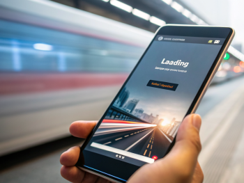 Primer plano cinematográfico de un smartphone moderno cargando una página web rápidamente, con la barra de progreso casi completa sobre un fondo desenfocado y minimalista de tonos vivos, representando velocidad y tecnología avanzada.
