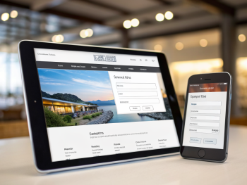 Cómo mejorar la experiencia del usuario en sitios web: mejores prácticas de diseño interactivo y UX para optimizar usabilidad, engagement digital y retener visitantes Captura cinematográfica de una tableta y un smartphone uno junto al otro sobre un escritorio moderno, mostrando interfaces web intuitivas con menús claros, botones destacados y un formulario de contacto de dos campos. Una de las pantallas presenta una animación de 'cargando'. Fondo desenfocado y brillo ambiental resaltan los dispositivos.