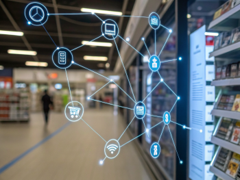 Red de enlaces digitales brillantes en una interfaz de tienda virtual, conectando iconos y categorías sobre un fondo desenfocado y minimalista, ilustrando flujo y organización en la navegación web.