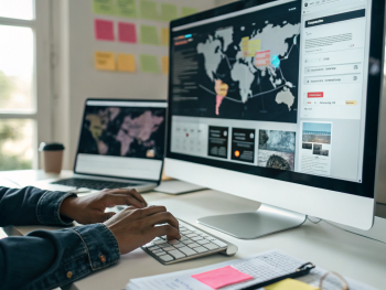 Cómo crear una estrategia de contenidos para ecommerce internacional y posicionar tu tienda en línea usando SEO internacional y marketing digital Un estratega digital de contenido trabaja rodeado de pantallas que muestran sitios web en diferentes idiomas, mapas y paneles de análisis en una oficina moderna. Sus manos están escribiendo en un teclado y se ven notas en papel y post-its de colores. El entorno transmite concentración y alcance global.