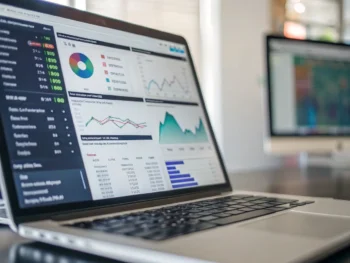 como-mejorar-el-seo-tecnico-de-tu-sitio-web-mejores-practicas-y-herramientas-seo-para-aumentar-visibilidad-y-trafico-organico-en-2025 Laptop moderna en primer plano mostrando un panel de auditoría SEO con gráficos coloridos, mapas del sitio y reportes detallados, ubicada en un escritorio minimalista y fondo difuminado con monitores y reflejos de código. Sin personas, solo tecnología.