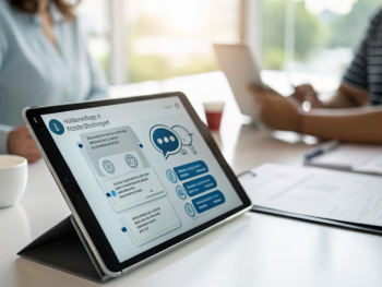 Primer plano de una tableta mostrando la interfaz de un chatbot inteligente con iconos y burbujas de chat. El dispositivo se encuentra en un espacio de trabajo moderno y minimalista, iluminado suavemente. El fondo está desenfocado para centrar la atención en la pantalla brillante y detallada de la tableta. Las manos en la imagen no son identificables.